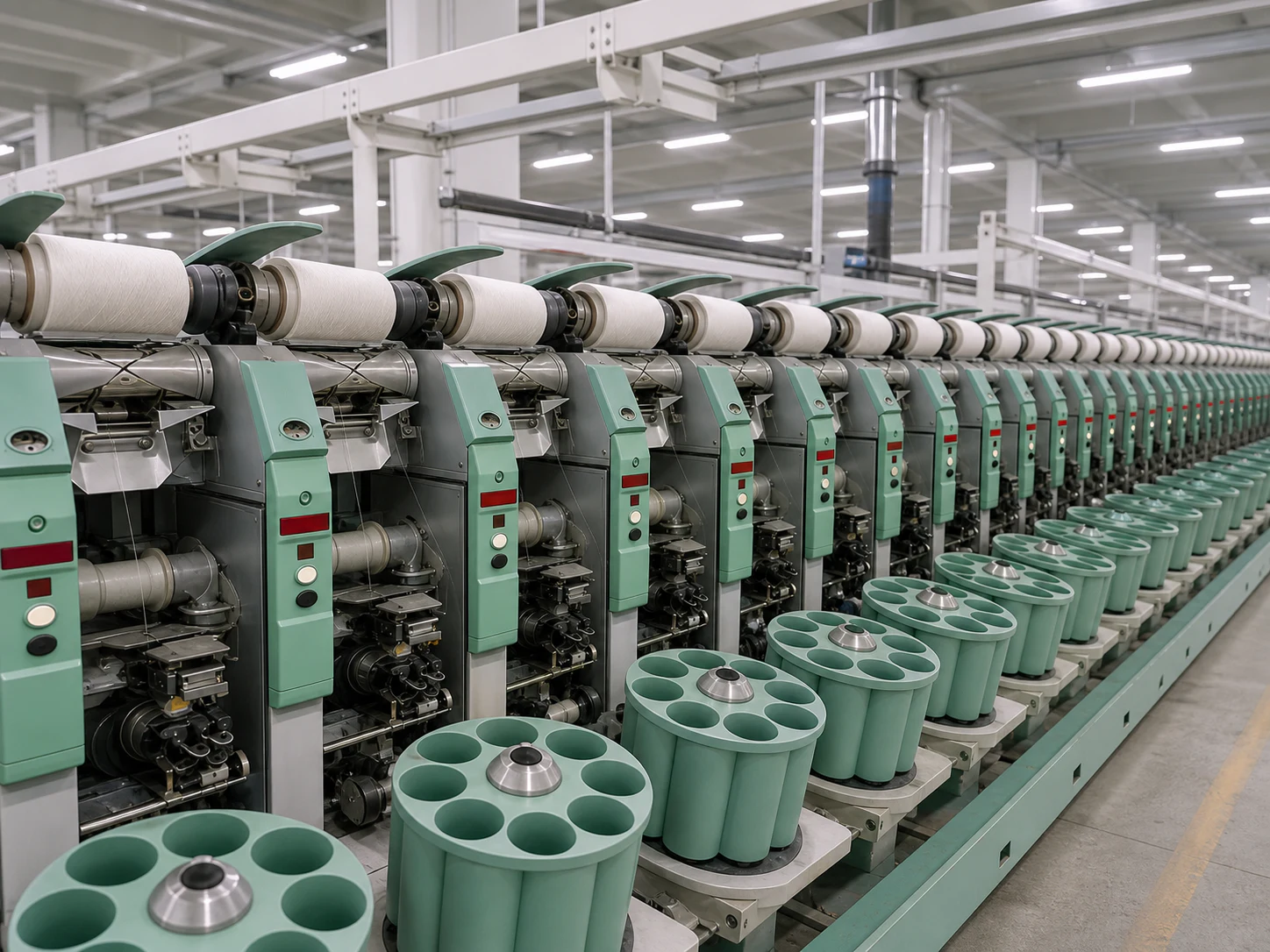Polar automatic winding-unit line with mint-green bobbin magazines