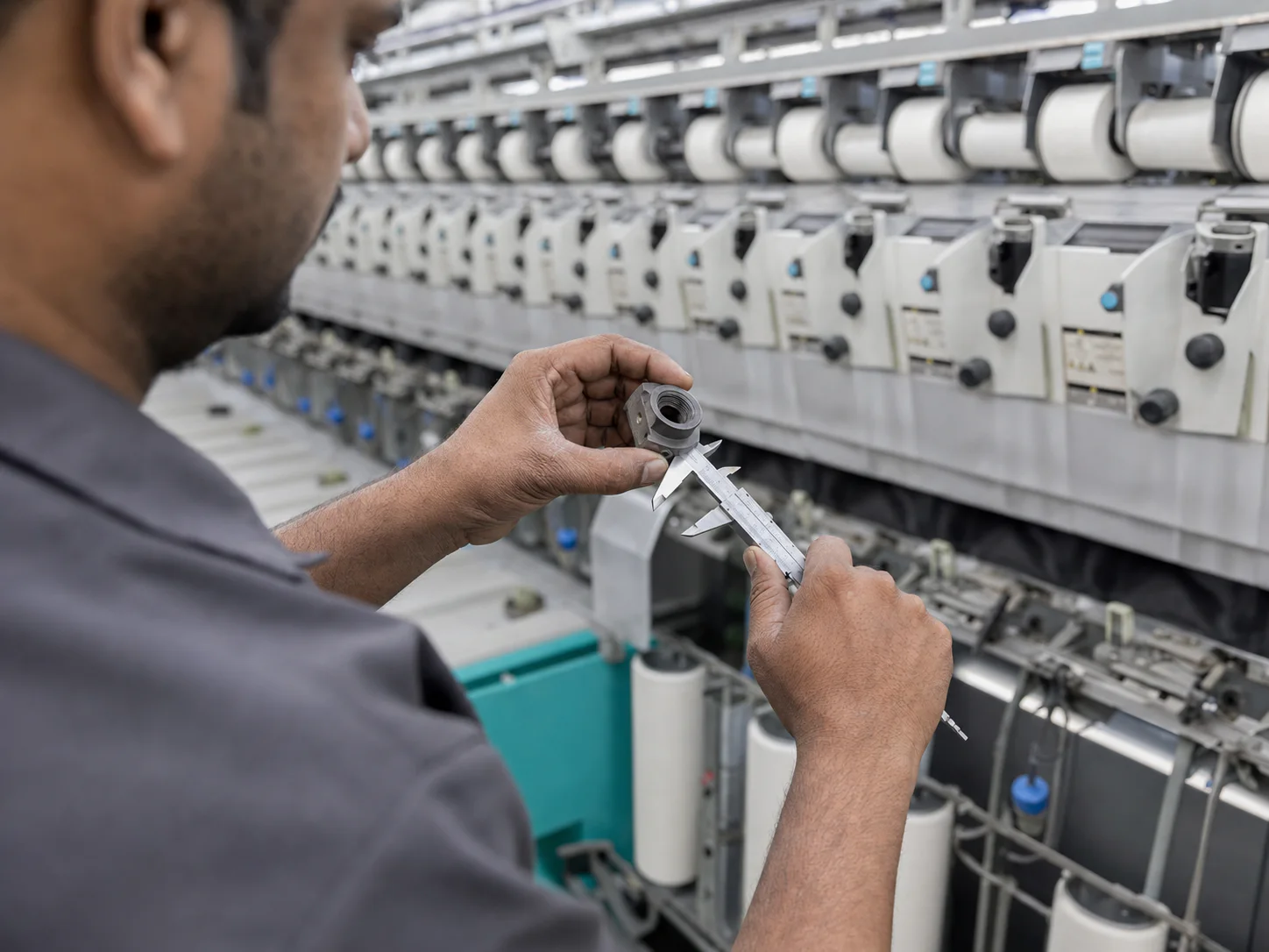 Technician inspecting a textile machinery replacement component