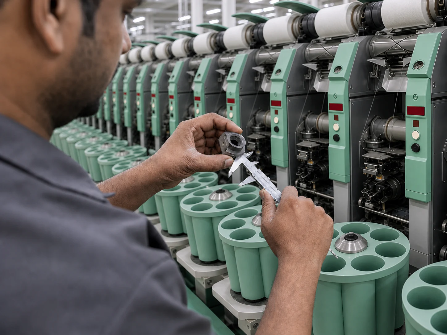 Textile machinery specialist inspecting a Polar winding-machine component